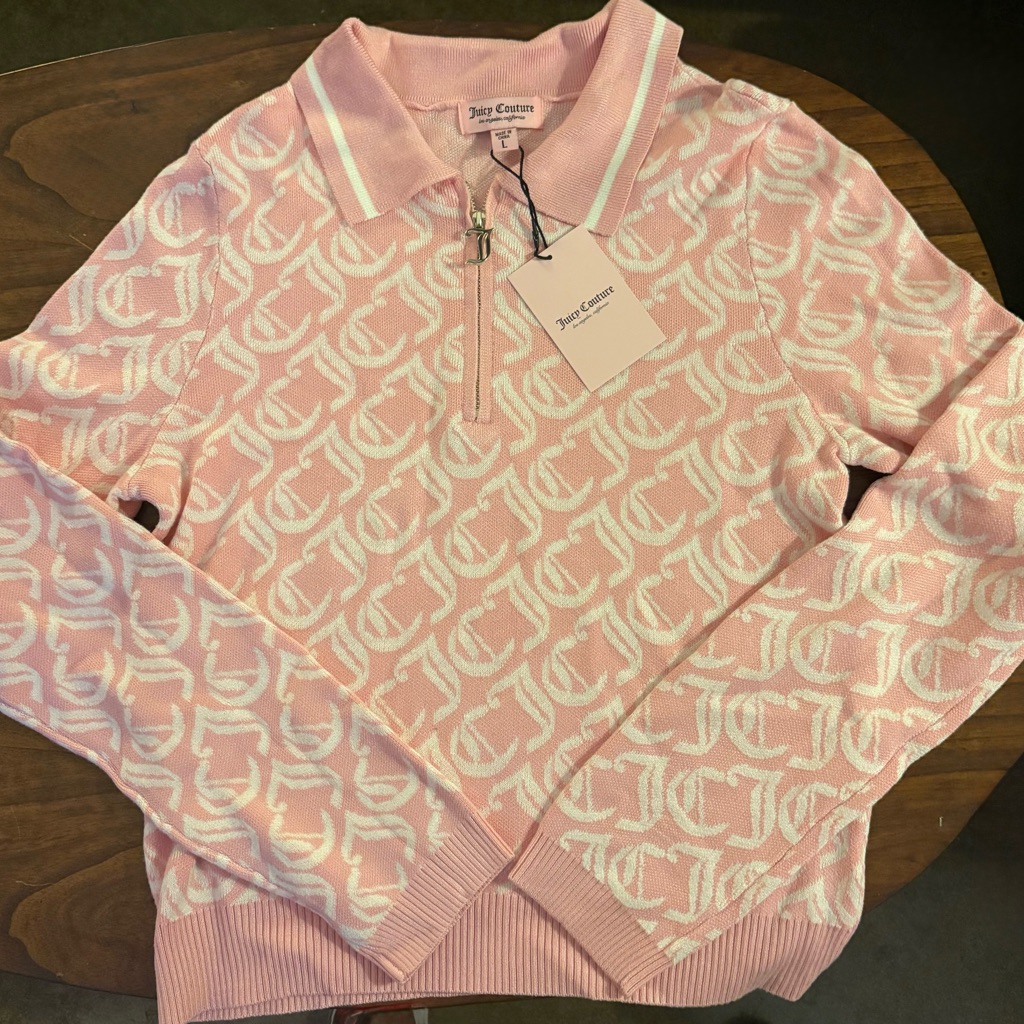 Nwt Juicy Couture Monogram Quarter Zip Sweater Pink- Size Large